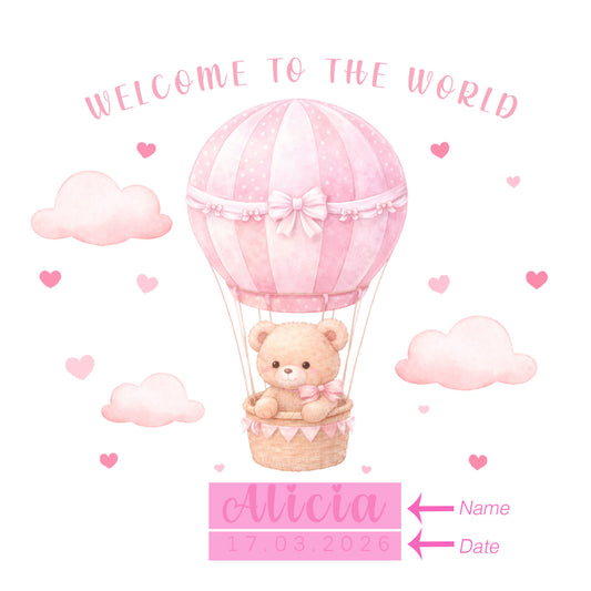 Personalised New Baby Girl Card Congratulations for Newborn Daughter, Granddaughter, Niece - Welcome To The World Card with Teddy Bear & Hot Air Balloon Design - Custom Name & Date with Pink Envelope