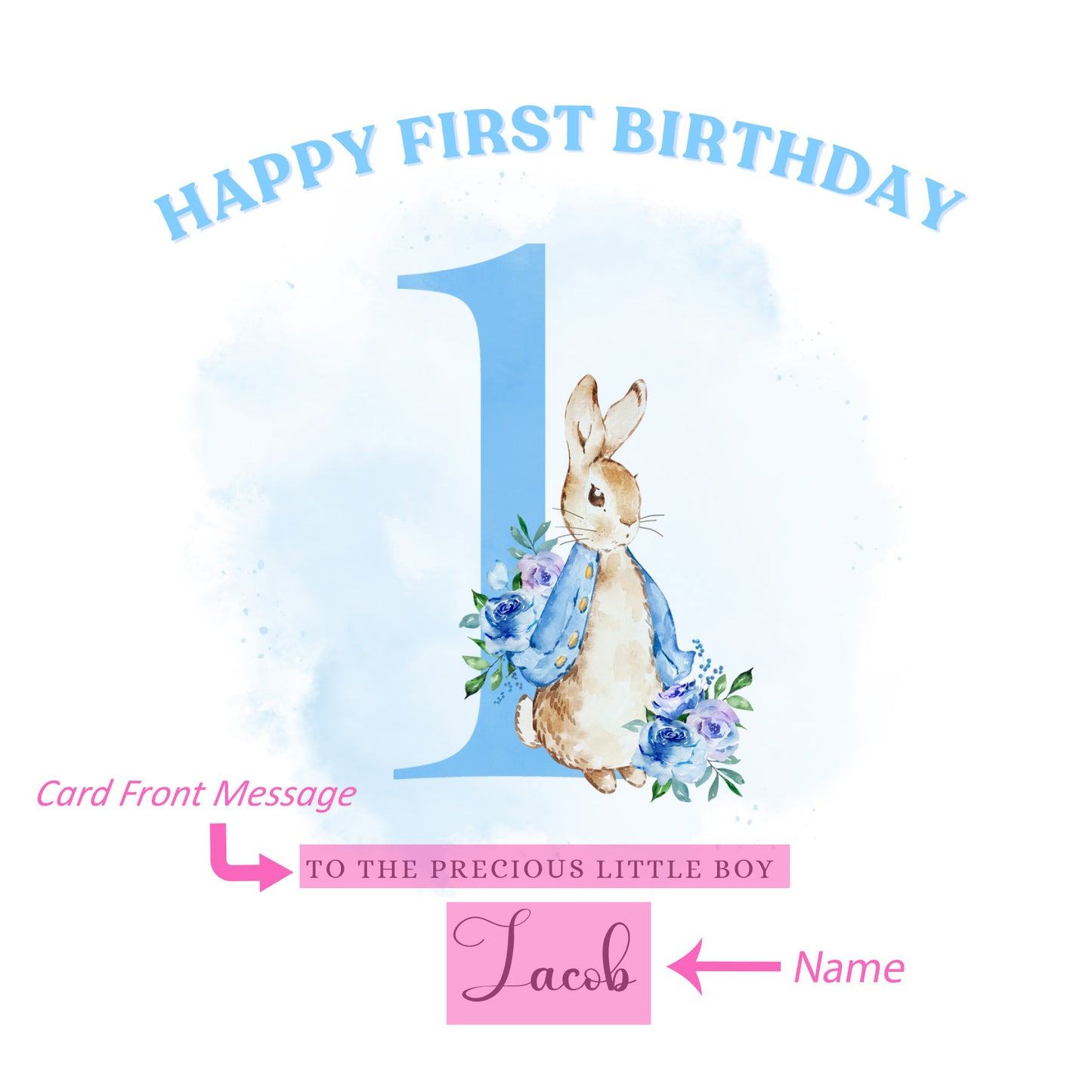 Blue Rabbit -Personalised Watercolour Effect 1 Year Birthday Folded Card for Boys, Custom Name & Message, Custom Name and Message One- Year-Old Happy 1st Birthday Card, Customisable Birthday Card