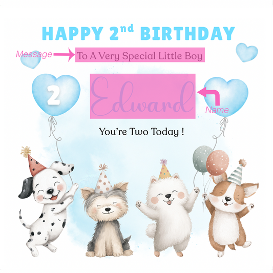 Personalised 2 Years Old 2nd Birthday Card for Toddler Boy – Puppy Dogs Design Design with Custom Name & Message - Two years old Birthday Card for Son, Grandson Nephew with Blue Envelope