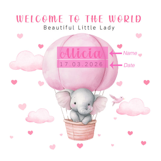 Personalised New Baby Girl Card Congratulations for Newborn Daughter, Granddaughter, Niece - Welcome To The World Card with Elephant and Hot Air Balloon Design - Custom Name & Date with Pink Envelope