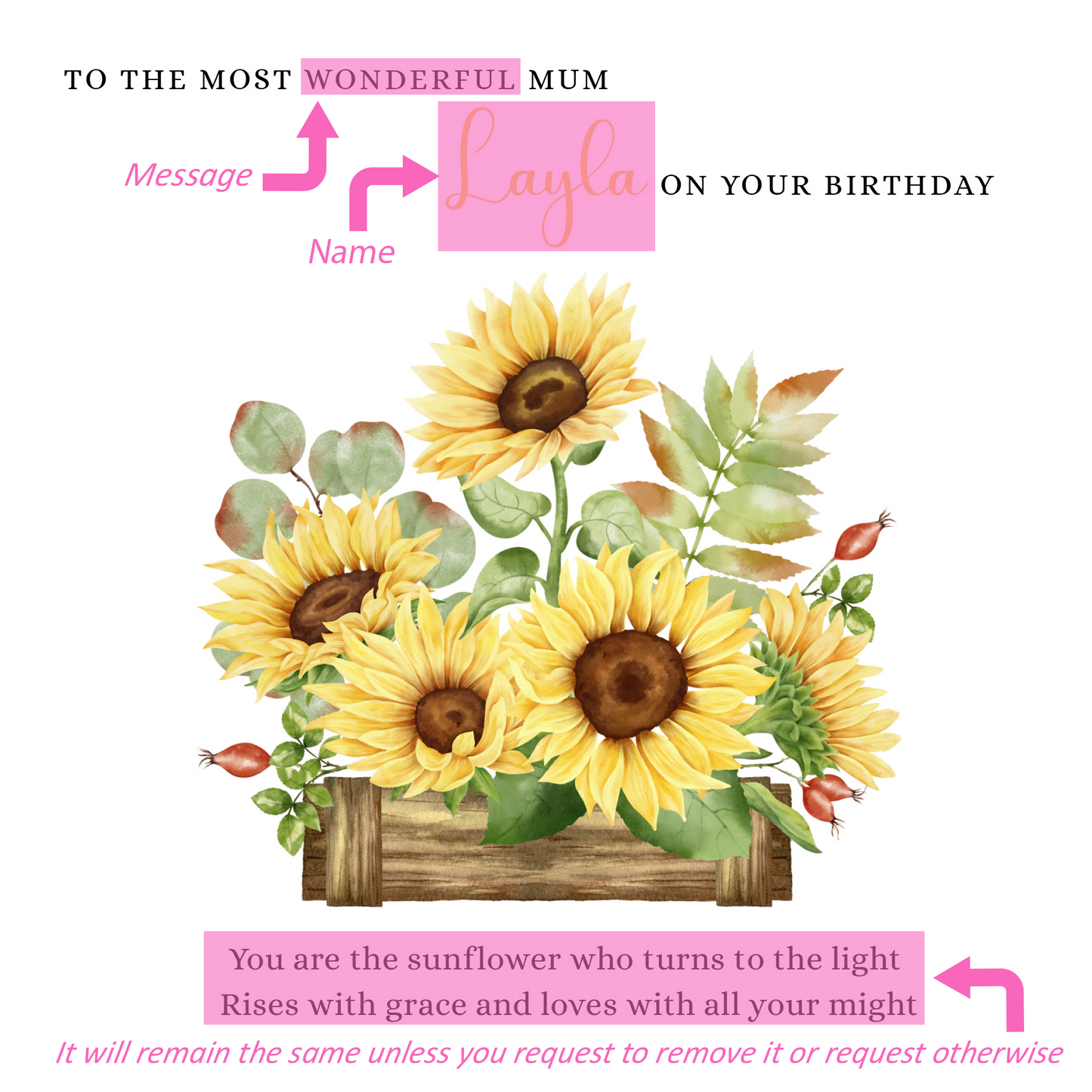 Personalised Mum Birthday Card – Elegant Sunflower Flower Design – Custom Name & Message – Handmade Floral Watercolour Card for Mother, Mummy, Mam – Yellow Envelope Included