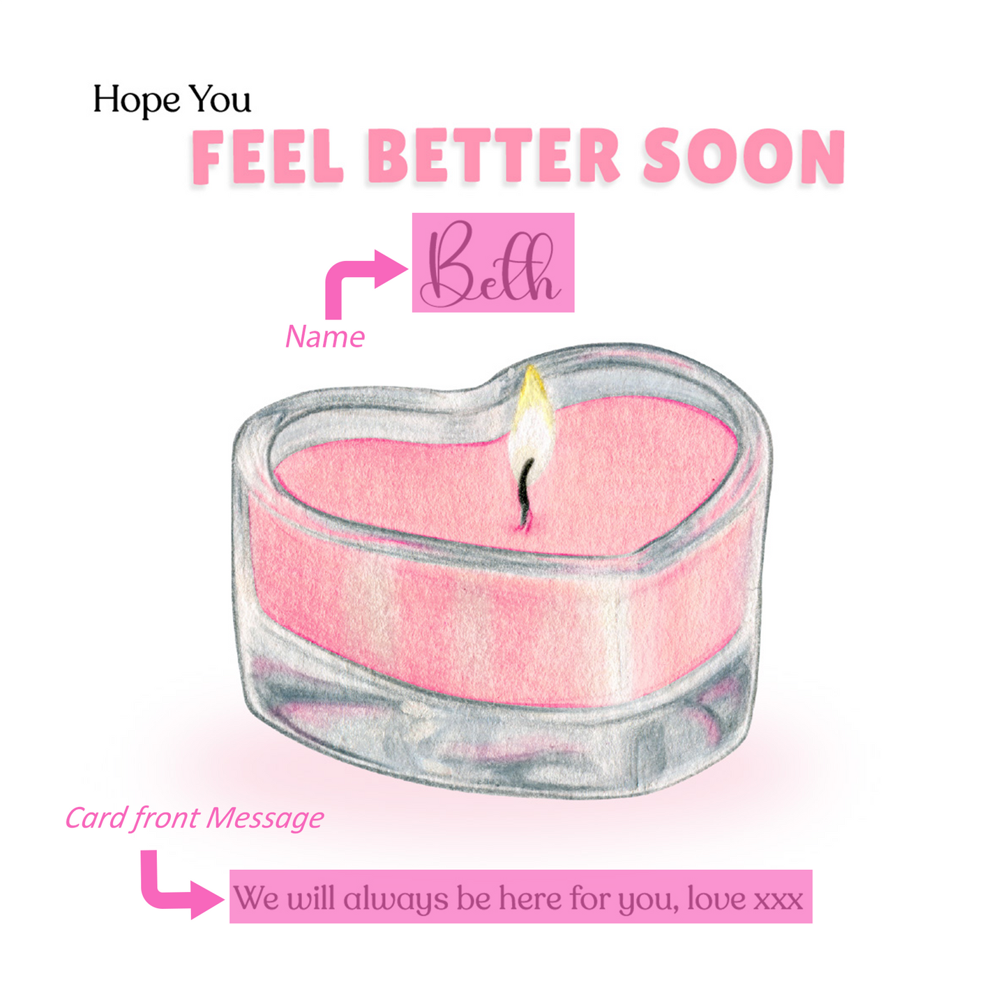 Heart Candle -Personalised Hope You Feel Better Soon Folded Card, Get Well Card, Thinking of You Card, Sympathy Folded Card