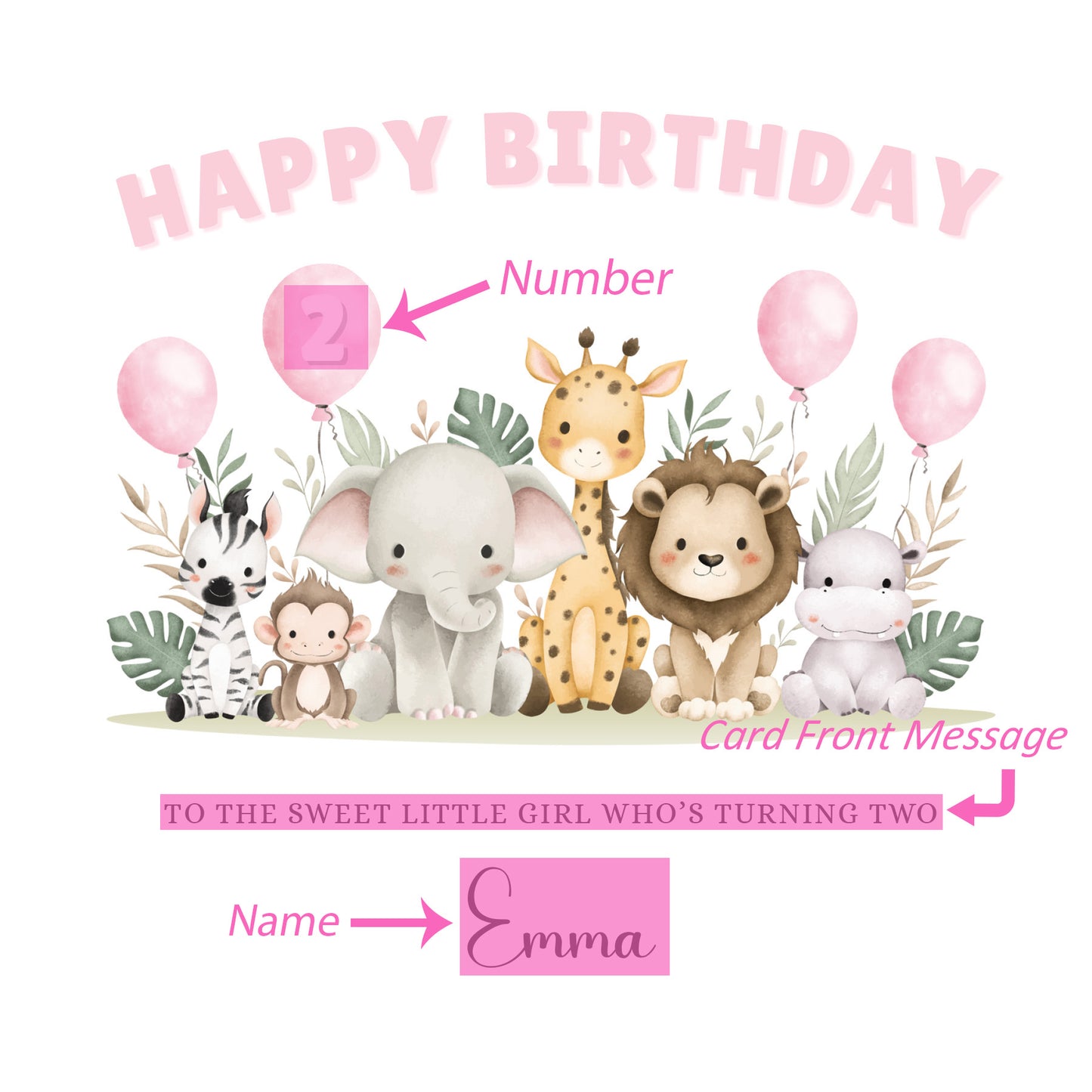 Safari Animals-Personalised Birthday Folded Card for Girls, Custom Name, Age and Message Watercolour Effect Happy Birthday Card, Any Age Birthday, 1st 2nd 3rd 4th 5th 6th 7th 8th 9th 10th, Customisable Birthday Card for Children