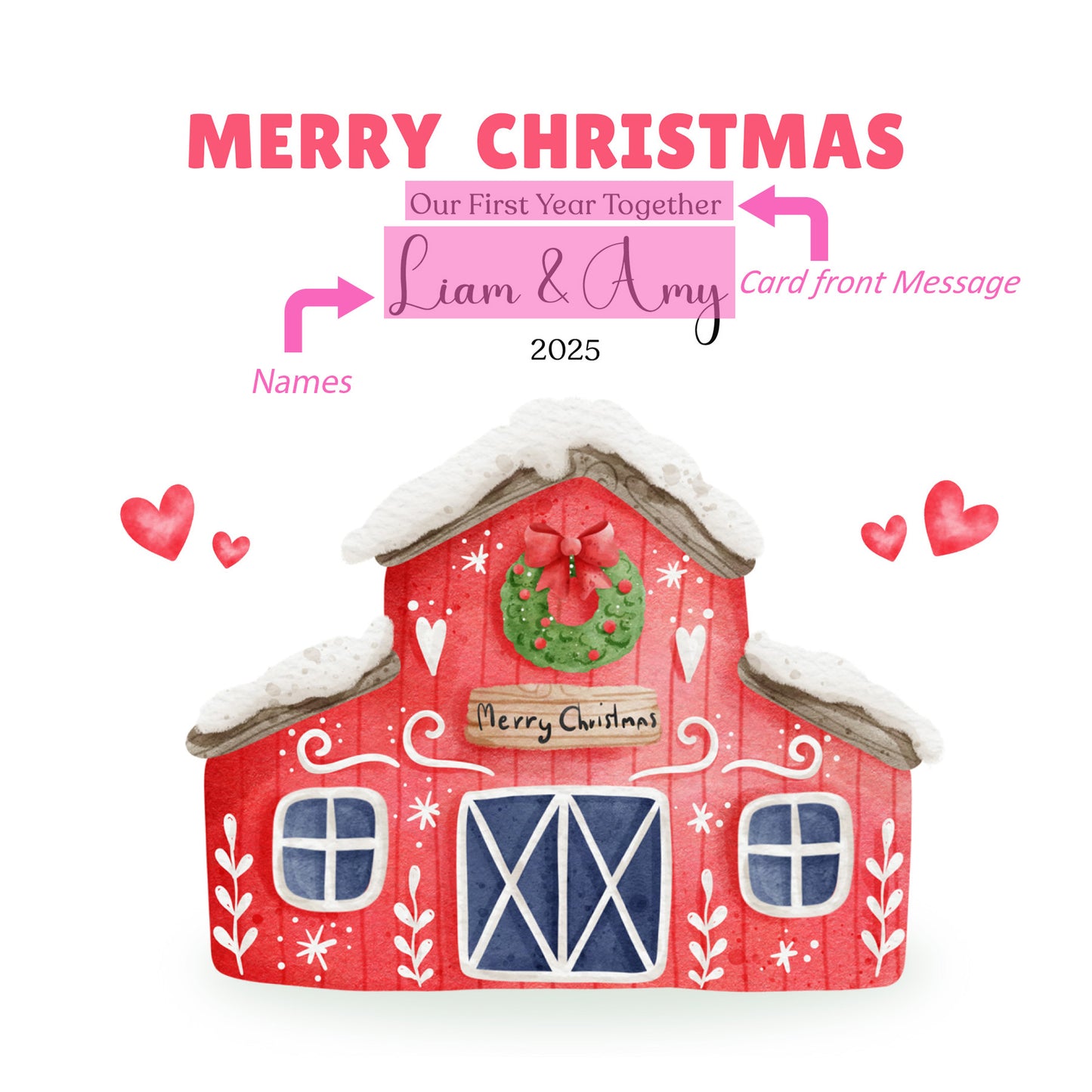 Personalised 1st Christmas Together Card – Watercolor Festive House with Christmas Wreath Design, Customised Name and Message, Xmas Card for Boyfriend, Girlfriend, Husband, Wife, Partners, Couples, Newlyweds – Red Envelope Included