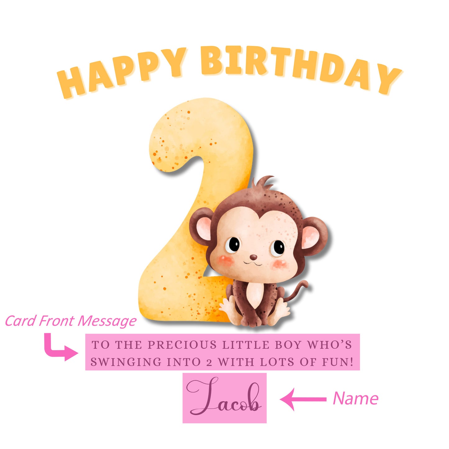 Little Monkey -Personalised Watercolour Effect 2 Year Birthday Folded Card for Boys, Custom Name and Message Two-Year-Old Happy 2nd Birthday Card, Customisable Birthday Card for Children