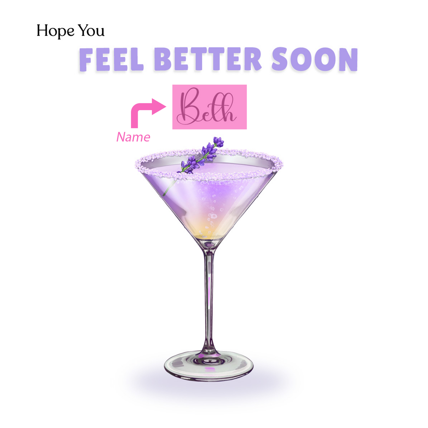 Lavender Cocktail -Personalised Hope You Feel Better Soon Folded Card, Get Well Card, Thinking of You Card, Sympathy Folded Card