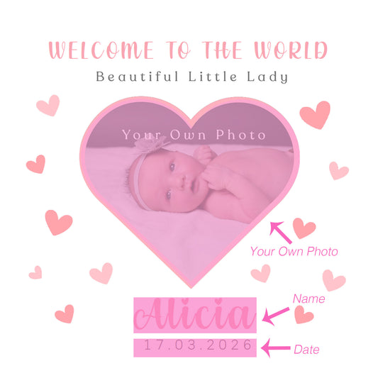Personalised Phoro New Baby Girl Card Congratulations for Newborn Daughter, Granddaughter, Niece - Welcome To The World Card with Heart Frame Design - Custom Photo, Name & Date with Pink Envelope