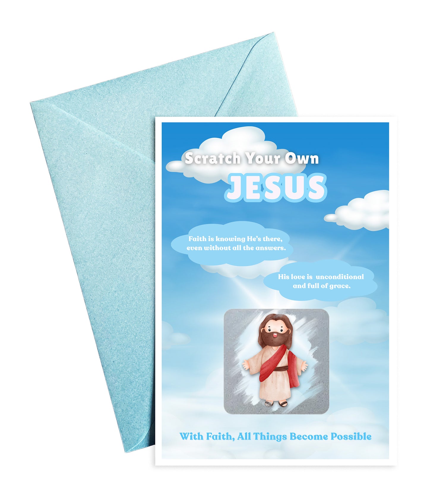 Scratch Your Own Jesus – Fun Scratch-off card, Secret Santa, Stocking Filler & Xmas Gift for Friends, Co-Workers & Loved Ones - Alternative to Grow Your Own Kits -Blue Gift Envelope Included