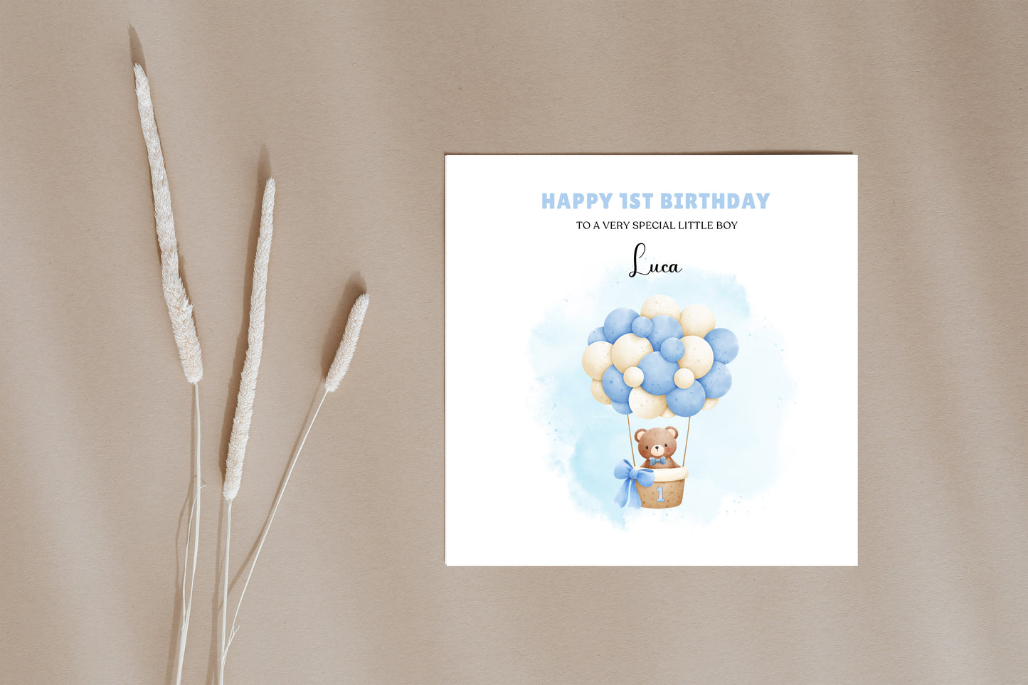 Bear in a Hot Ballon -Personalised Watercolour Effect 1 Year Birthday Folded Card for Boys, Custom Name and Message One- Year-Old Happy 1st Birthday Card, Customisable Birthday Card for Children