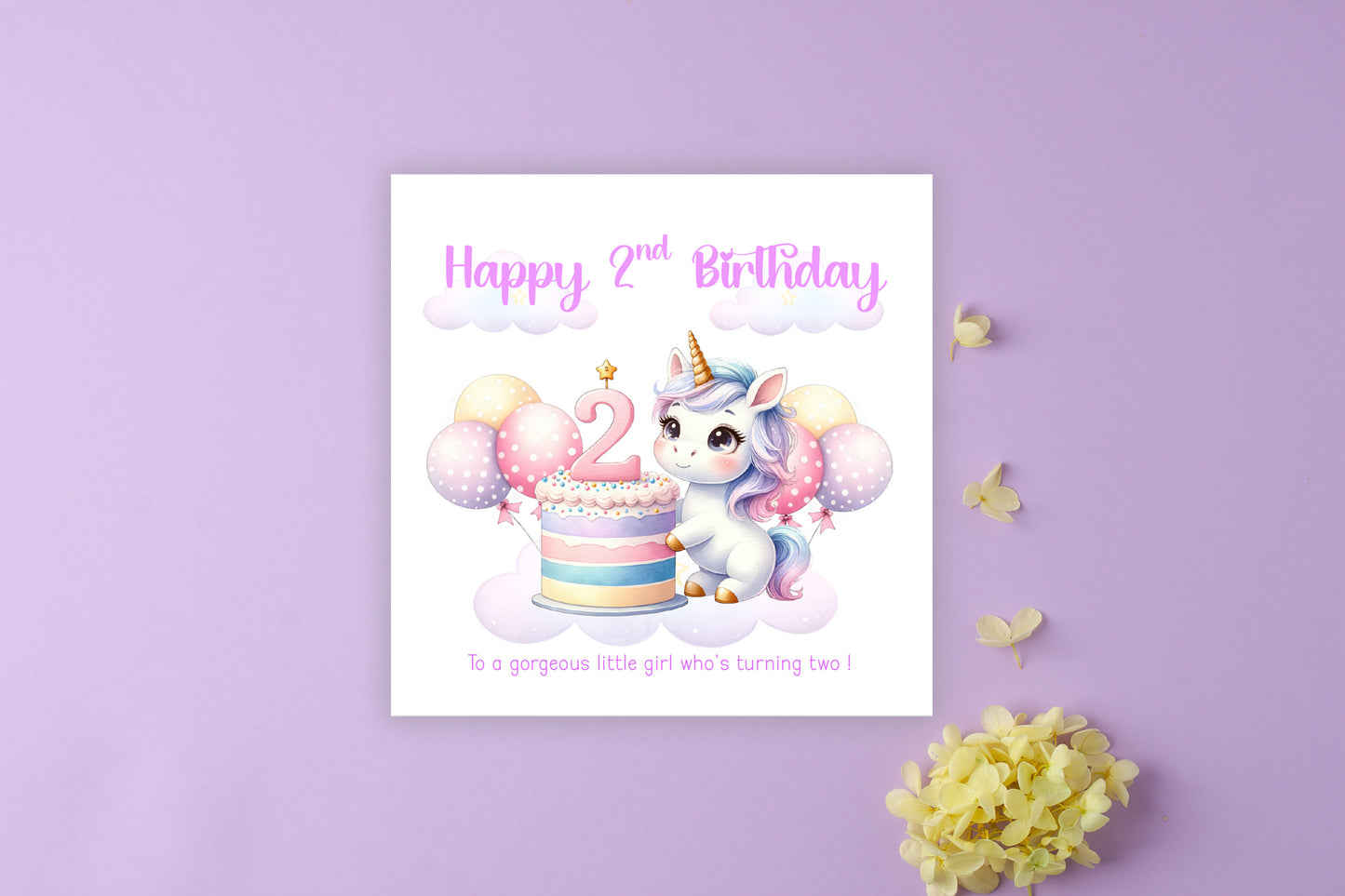 2 Years Old 2nd Birthday Card for Toddler Girl – Unicorn Design - Pink & Pastel Age 2 Two years old Birthday Card for Daughter, Granddaughter, Niece with Purple Envelope