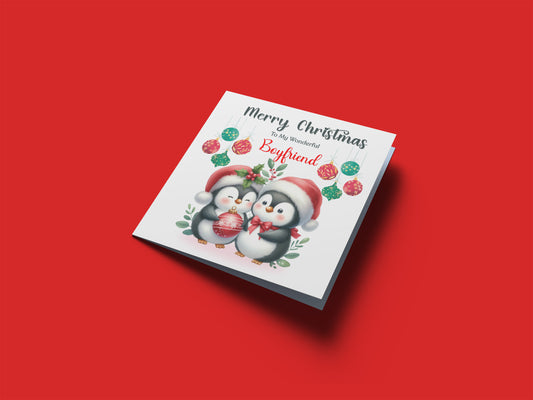 Cute Penguin Couple Merry Christmas Card – Penguins Xmas Card for Him or Her – 6 Options Available: Boyfriend, Girlfriend, Husband, Wife, Fiancé & Fiancée – Red Envelope Included