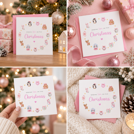 Pastel Pink Christmas Card for Girls – Cute Animals & Festive Xmas Design