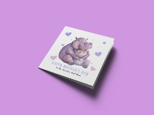 Happy Mother’s Day Card To The World's Best Mum for Her, Mummy, Mama, Mum, Mother to be, Grandma from Children, Son & Daughter – Cute Hippo Mummy & Kid Design - Purple Envelope Included