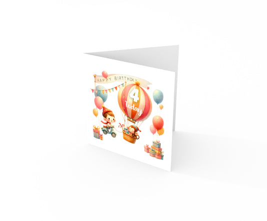 Happy 4th Birthday Card for Boys – Cute Hot Balloon with Monkey Design, Age 4 Years Old Birthday Card for Kids, Children, Boy, Son, Grandson, Nephew – Orange Envelope Included