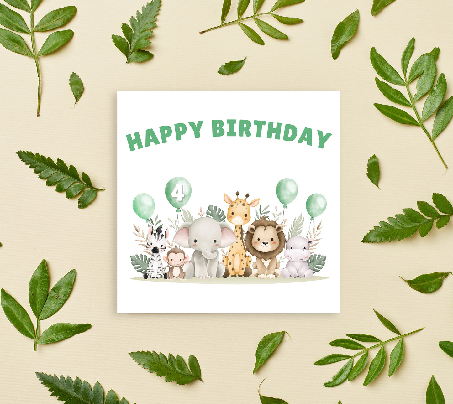 Safari Jungle Animals Happy Birthday Card, one Balloon contains the Birthday Age from 1 to 10 -Birthday Card for Baby Boy, Son, Grandson, Nephew, Children's Birthday Card – Green Envelope Included