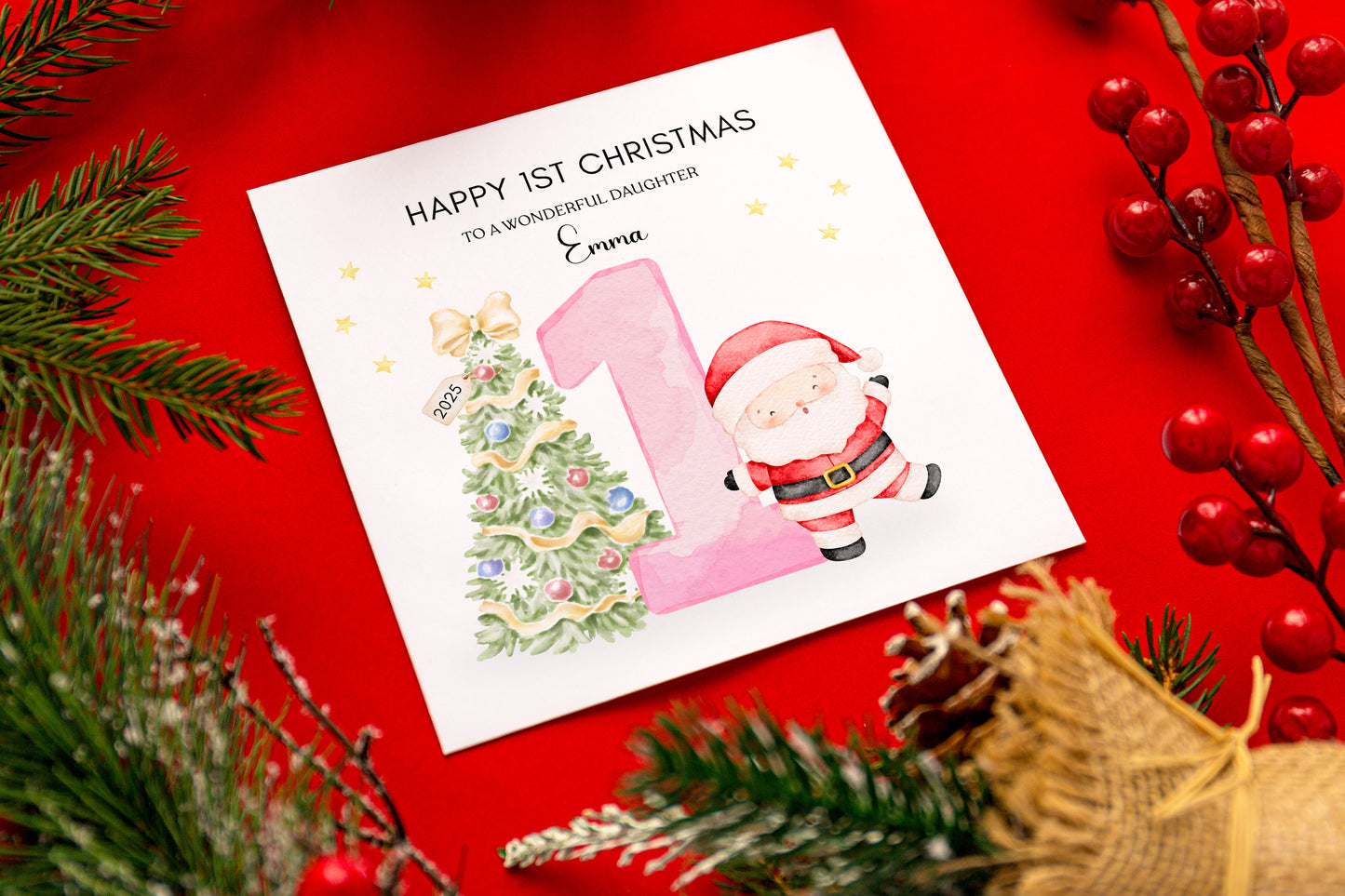Personalised 1st Christmas Card for Baby Girl– Cute Santa and Xmas Tree Design with Customised Name and Message, Watercolor First Xmas Card for Daughter, GrandDaughter, Niece - Pink Envelope Included