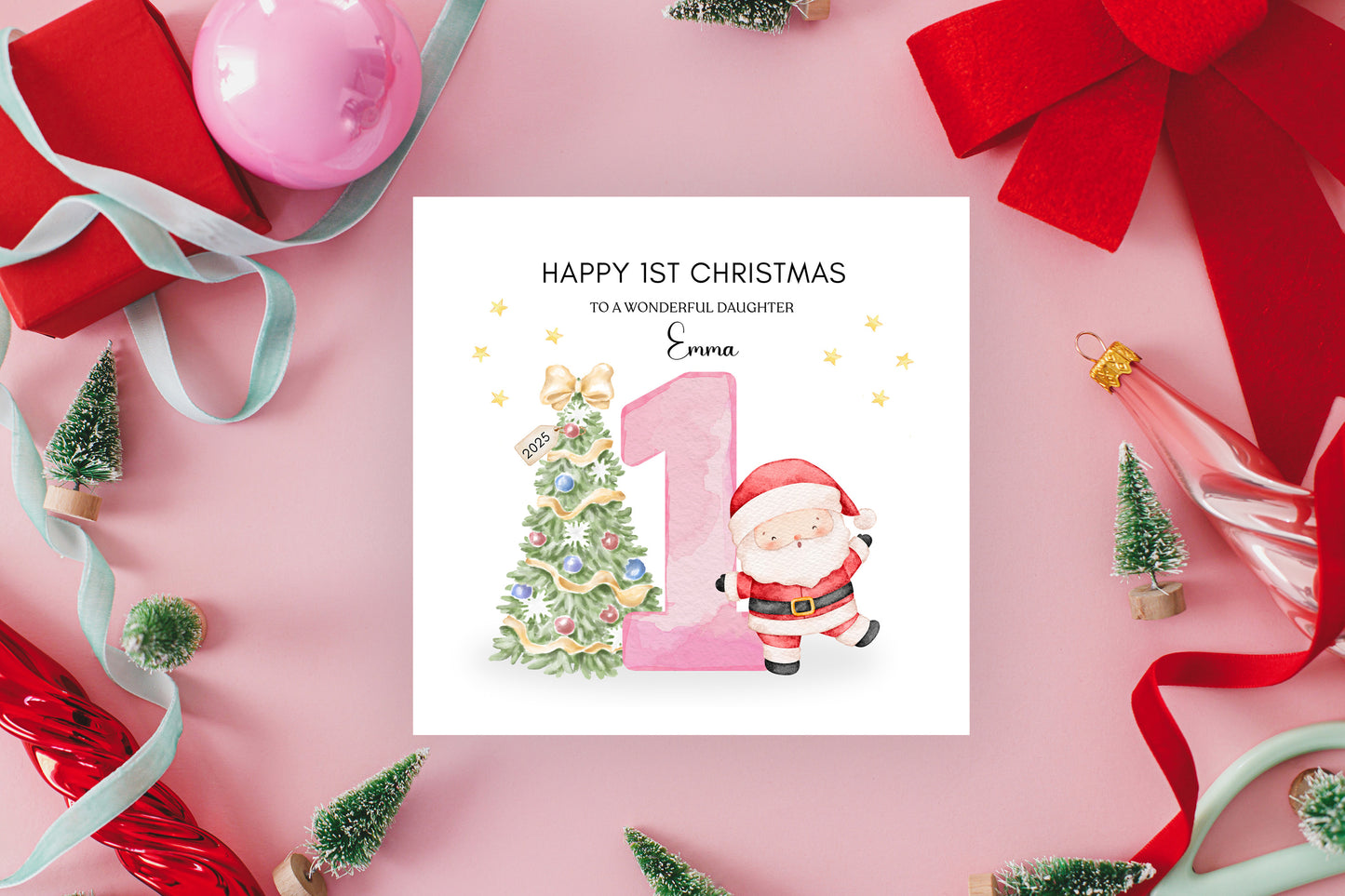 Personalised 1st Christmas Card for Baby Girl– Cute Santa and Xmas Tree Design with Customised Name and Message, Watercolor First Xmas Card for Daughter, GrandDaughter, Niece - Pink Envelope Included