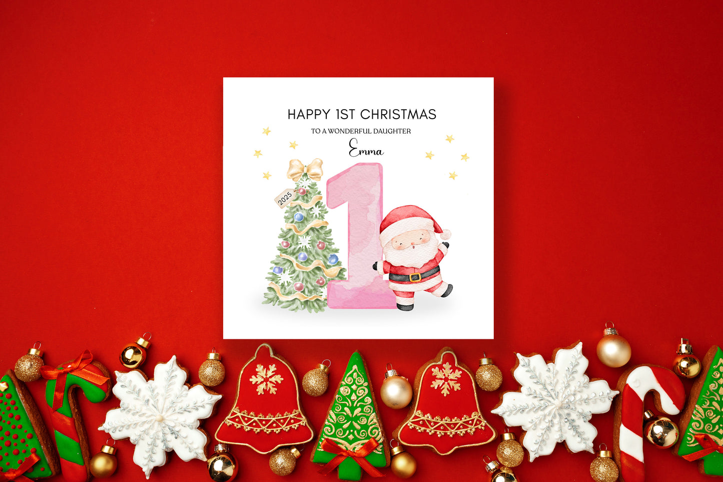 Personalised 1st Christmas Card for Baby Girl– Cute Santa and Xmas Tree Design with Customised Name and Message, Watercolor First Xmas Card for Daughter, GrandDaughter, Niece - Pink Envelope Included