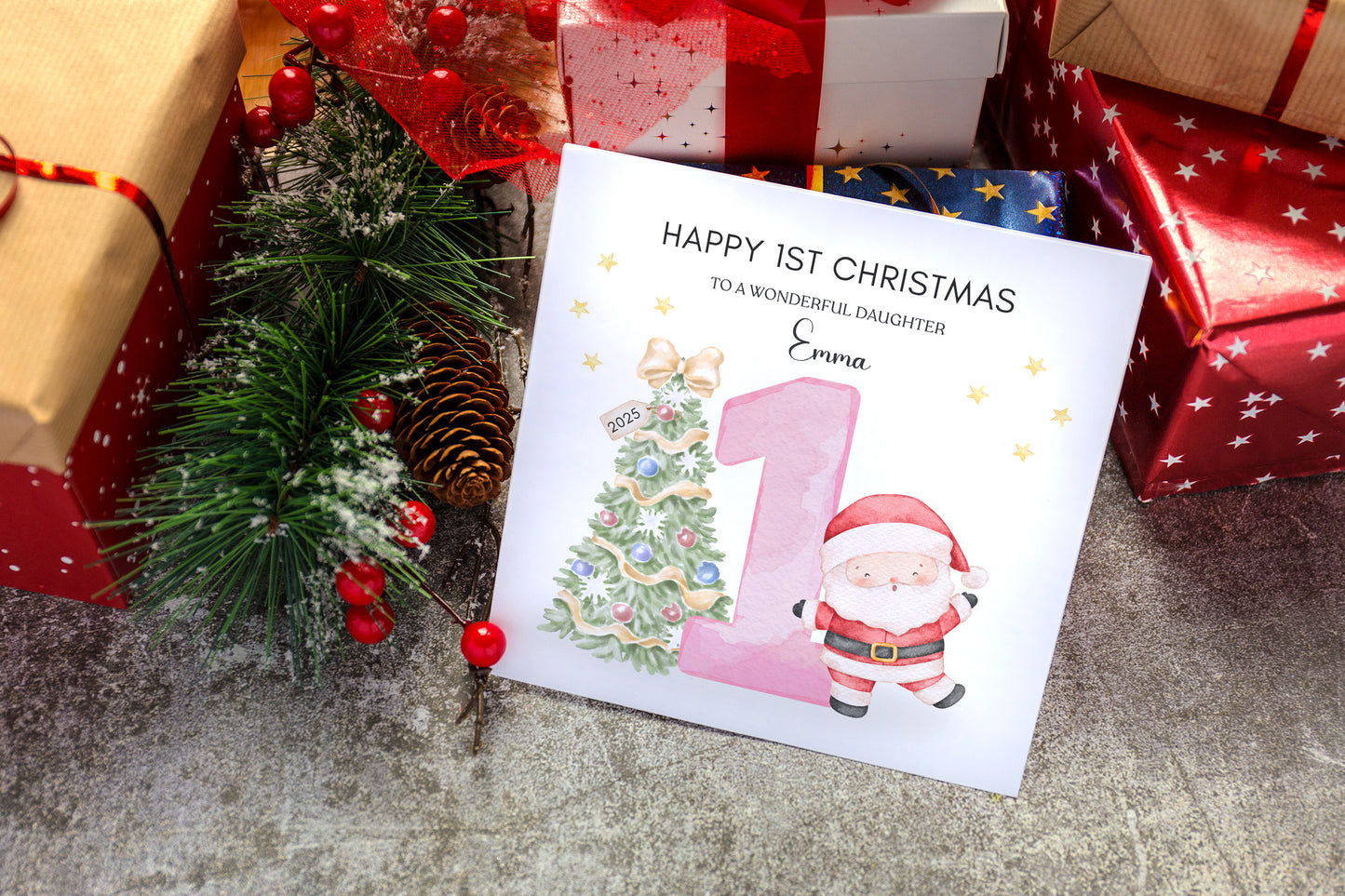 Personalised 1st Christmas Card for Baby Girl– Cute Santa and Xmas Tree Design with Customised Name and Message, Watercolor First Xmas Card for Daughter, GrandDaughter, Niece - Pink Envelope Included