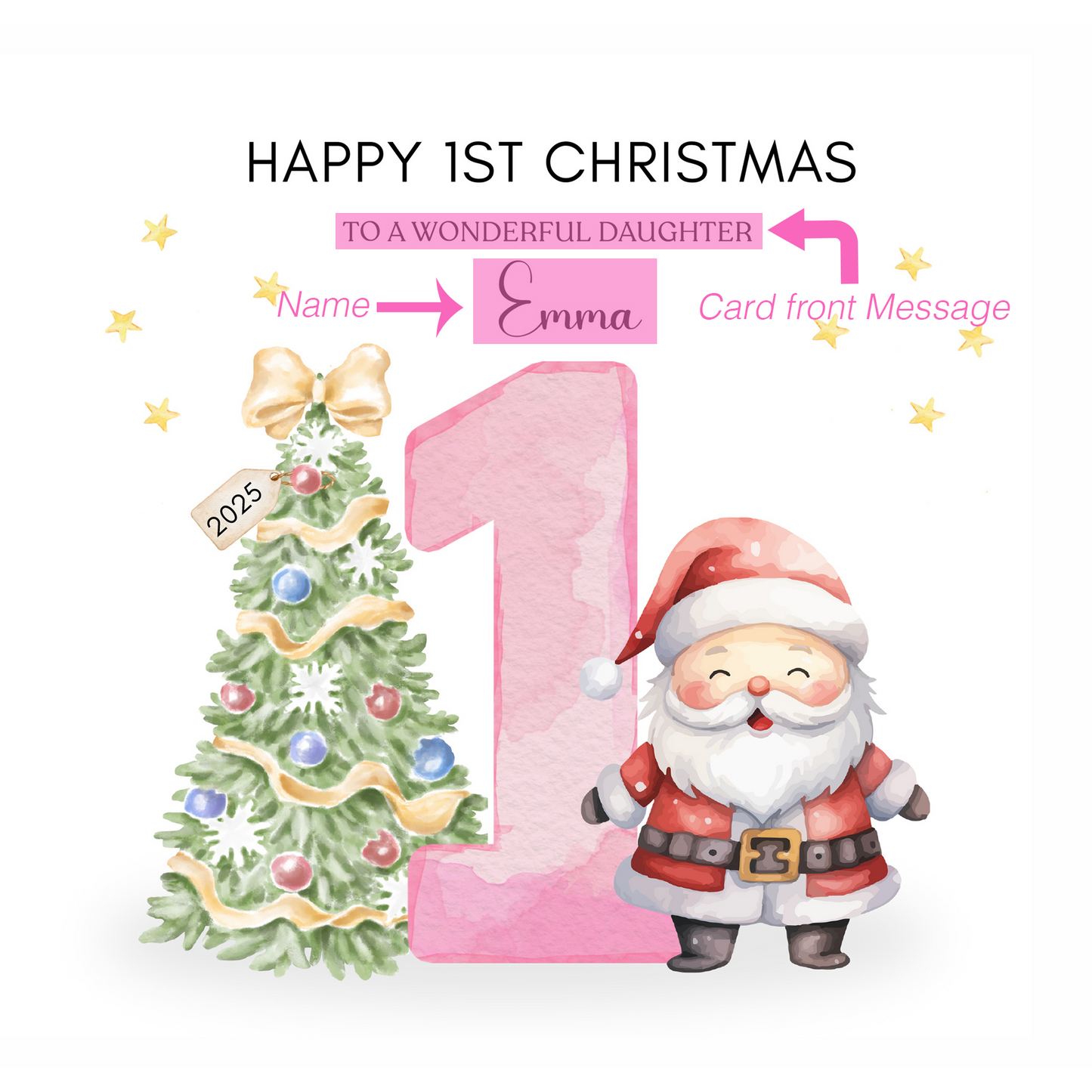 Personalised 1st Christmas Card for Baby Girl– Cute Santa and Xmas Tree Design with Customised Name and Message, Watercolor First Xmas Card for Daughter, GrandDaughter, Niece - Pink Envelope Included