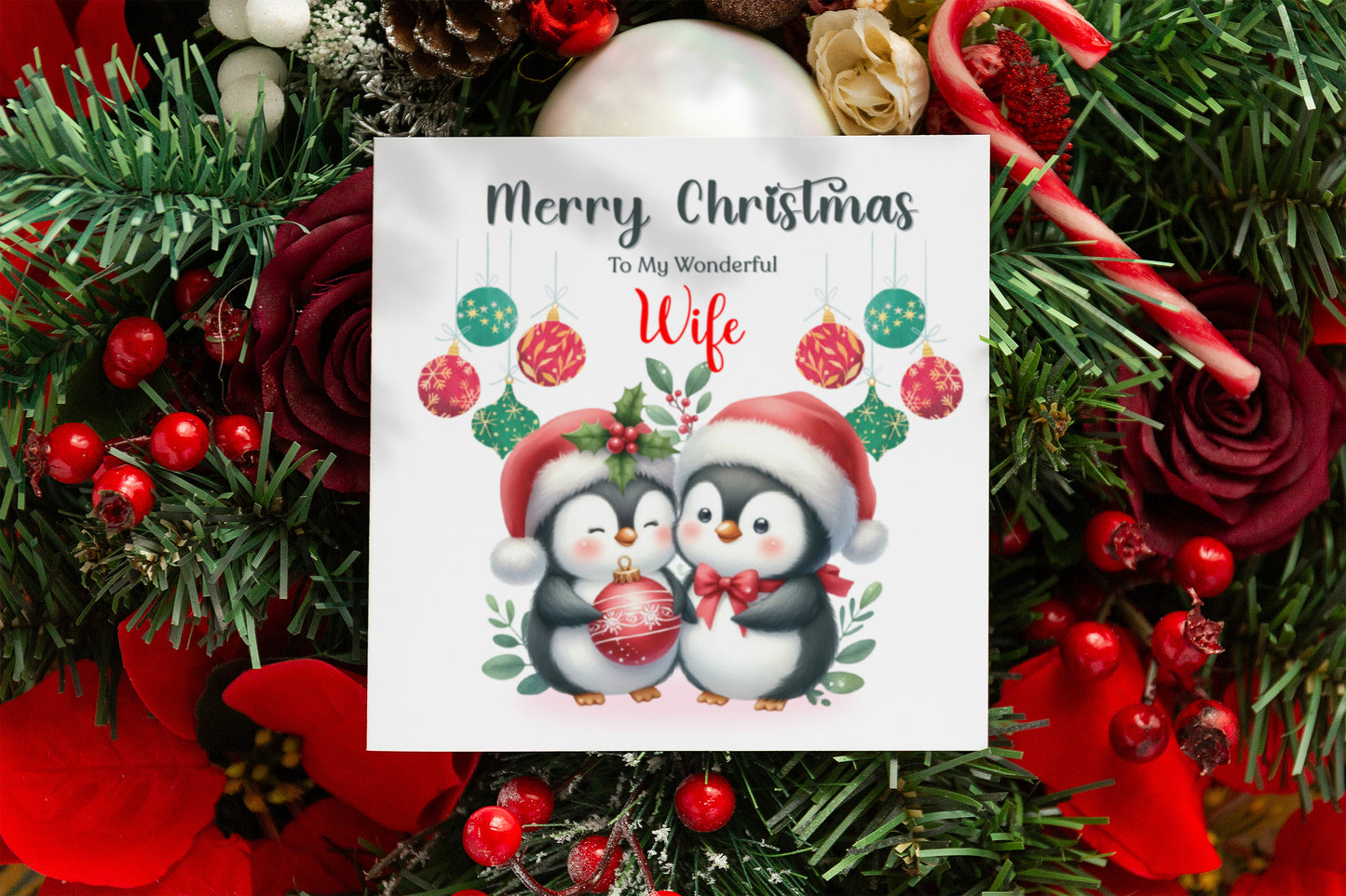 Cute Penguin Couple Merry Christmas Card – Penguins Xmas Card for Him or Her – 6 Options Available: Boyfriend, Girlfriend, Husband, Wife, Fiancé & Fiancée – Red Envelope Included