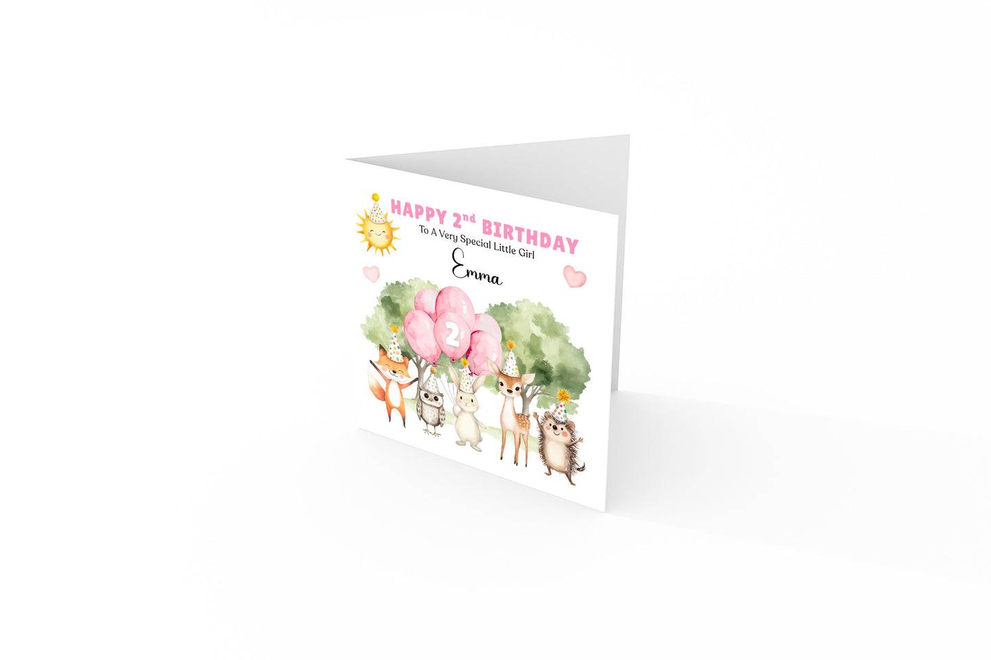 Personalised 2 Years Old 2nd Birthday Card for Toddler Girl – Forest Animal Design with Custom Name & Message - Two years old Birthday Card for Daughter, Granddaughter, Niece with Pink Envelope