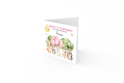 Personalised 2 Years Old 2nd Birthday Card for Toddler Girl – Forest Animal Design with Custom Name & Message - Two years old Birthday Card for Daughter, Granddaughter, Niece with Pink Envelope