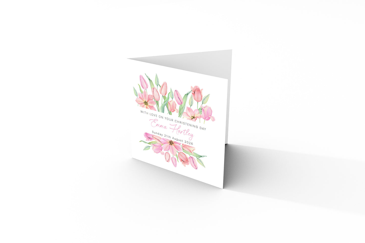 Personalised Christening Card for Girl – Custom Baptism Card with Name & Date - Pink Floral Design – Religious Baptism Card for Girls, Daughter, Granddaughter, Niece - Pink Envelope Included