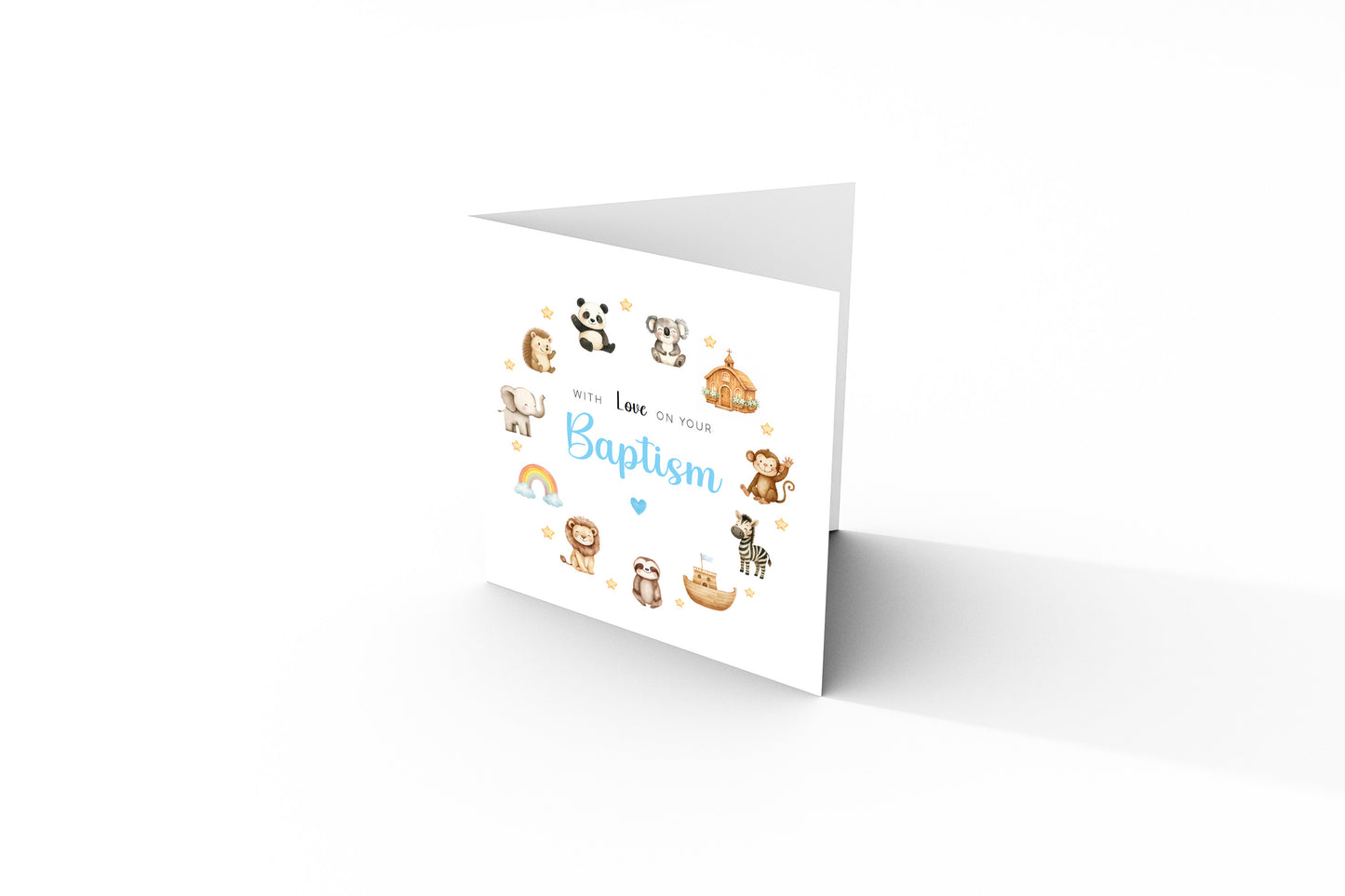 Baptism Christening Day Card for Boy – Cute Animals and Church Design – With Love on Your Baptism - Religious Christening Card for Boys, Son, Grandson, Nephew with Blue Envelope