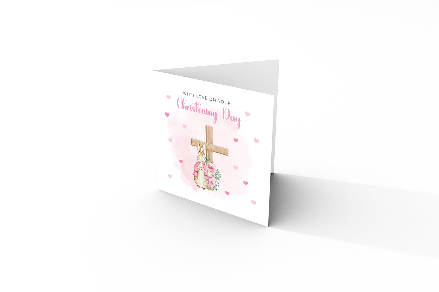 Christening Card for Girl – Bunny Cross Floral Design –With Love on Your Christening Day -  Religious Baptism Card for Girls, Daughter, Granddaughter, Niece with Pink Envelope