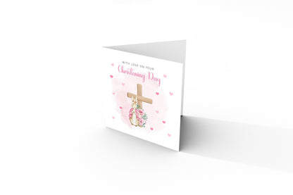 Christening Card for Girl – Bunny Cross Floral Design –With Love on Your Christening Day -  Religious Baptism Card for Girls, Daughter, Granddaughter, Niece with Pink Envelope