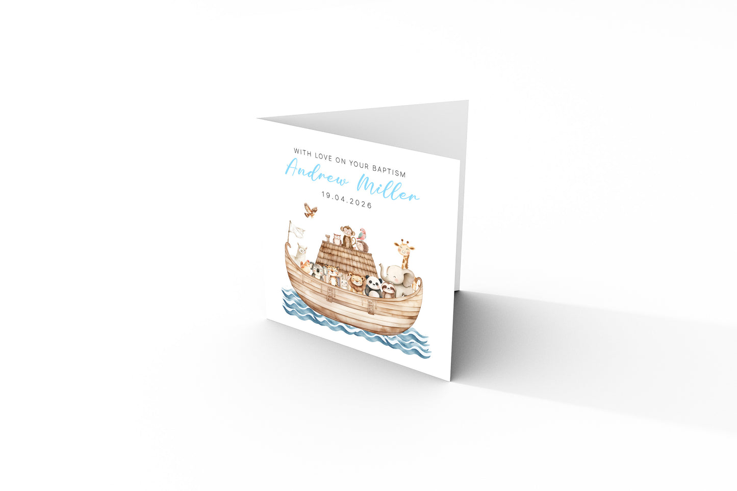 Personalised Christening Card for Boy – Custom Baptism Card with Name & Date - Noah's Ark and Cute Animals Design – Baptism Card for Boys, Son, Grandson, Nephew with Blue Envelope