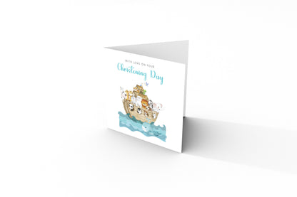 Christening Card for Boy or Girl – Noah’s Ark Design – With Love on Your Christening Day -  Religious Baptism Card for Son, Daughter, Grandson, Granddaughter, Nephew, Niece with Blue Envelope