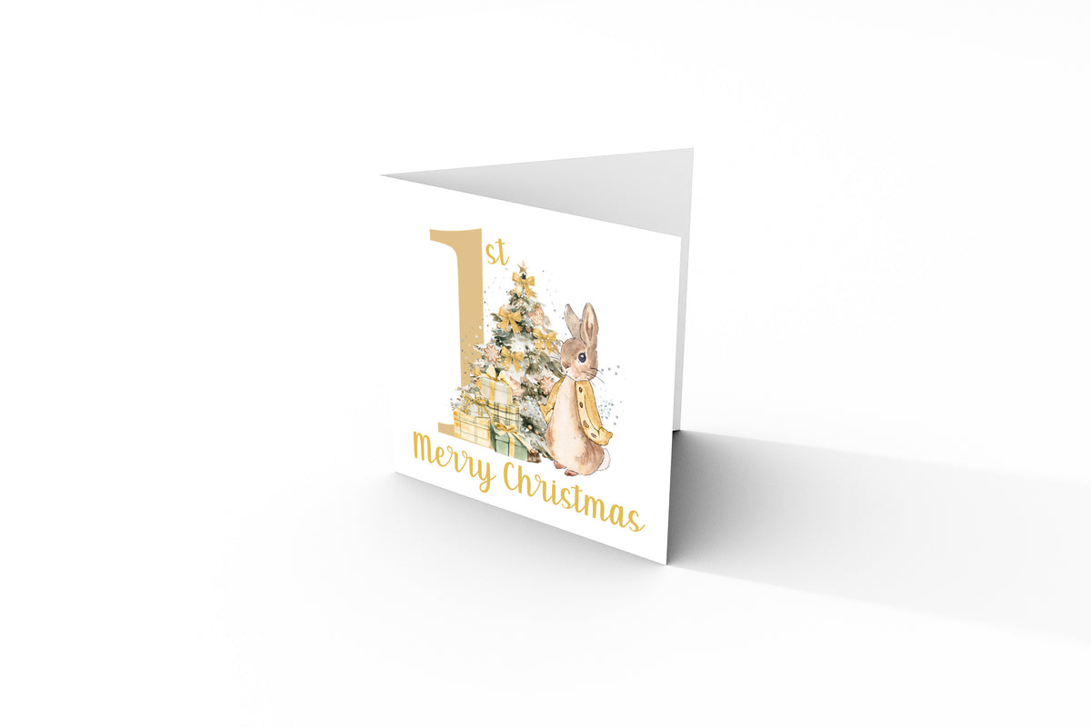 Happy 1st Christmas Card for Baby Boy or Baby Girl – Golden Rabbit and Christmas Trees