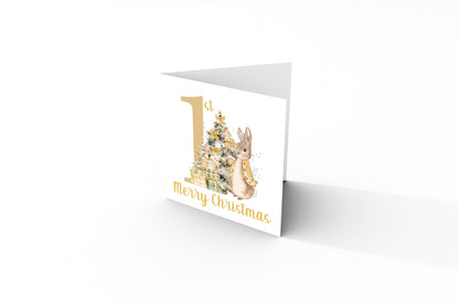 Happy 1st Christmas Card for Baby Boy or Baby Girl – Golden Rabbit and Christmas Trees