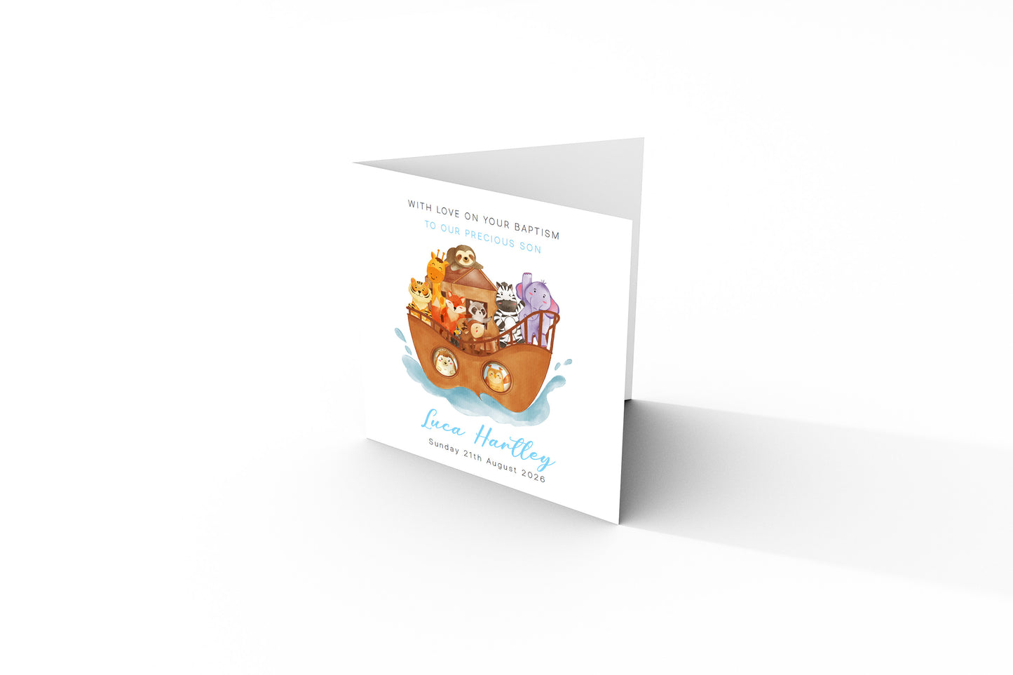 Personalised Christening Card for Boy – Custom Baptism Card with Message, Name & Date - Noah's Ark and Cute Animals Design – Baptism Card for Boys, Son, Grandson, Nephew with Blue Envelope