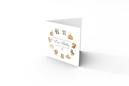 Personalised Christening Card for Boys or Girls – Cute Animals and Church Design with Custom Name and Date - Baptism Card for Son, Daughter, Grandson, Granddaughter, Nephew, Niece with Kraft Envelope