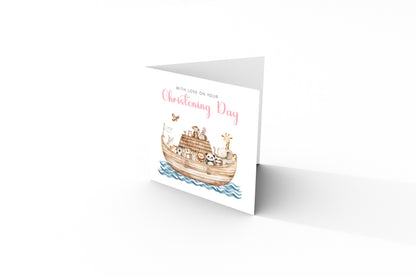 Christening Card for Girl – Noah's Ark and Cute Animals Design – With Love on Your Christening Day -  Religious Baptism Card for Girls, Daughter, Granddaughter, Niece with Pink Envelope