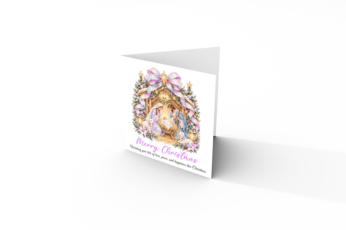 Pastel Nativity Christmas Card – Lilac & Pink Baby Jesus Greeting