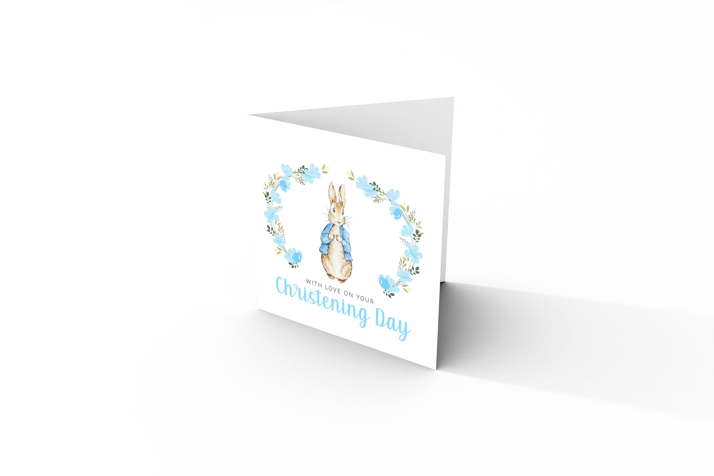 Christening Day Card for Boy – Blue Bunny Floral Wreath Design – With Love on Your Christening Day Religious Baptism Christening Card for Boys, Son, Grandson, Nephew with Blue Envelope