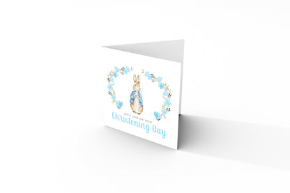 Christening Day Card for Boy – Blue Bunny Floral Wreath Design – With Love on Your Christening Day Religious Baptism Christening Card for Boys, Son, Grandson, Nephew with Blue Envelope