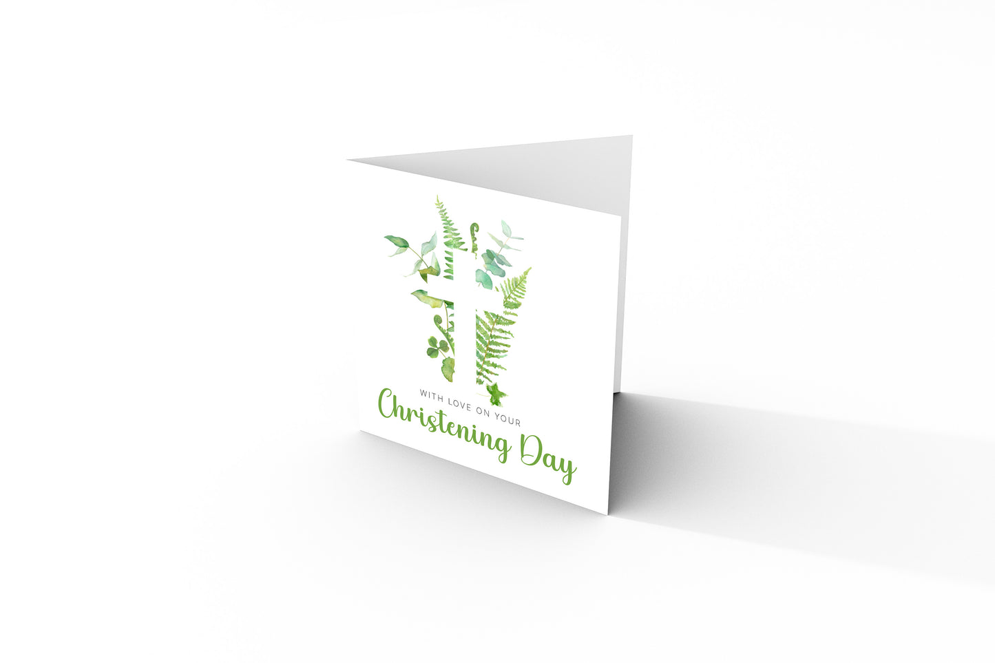 Christening Day/ Baptism Card for Boys or Girls - Elegant Religious Baptism Card with Green Botanical Cross for Son, Daughter, Grandson, Granddaughter, Nephew, Niece - Green Envelope Included