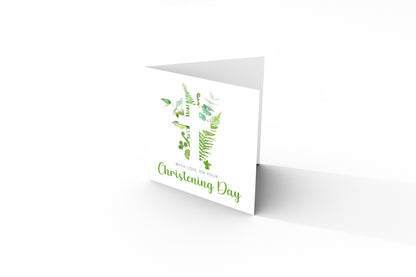Christening Day/ Baptism Card for Boys or Girls - Elegant Religious Baptism Card with Green Botanical Cross for Son, Daughter, Grandson, Granddaughter, Nephew, Niece - Green Envelope Included