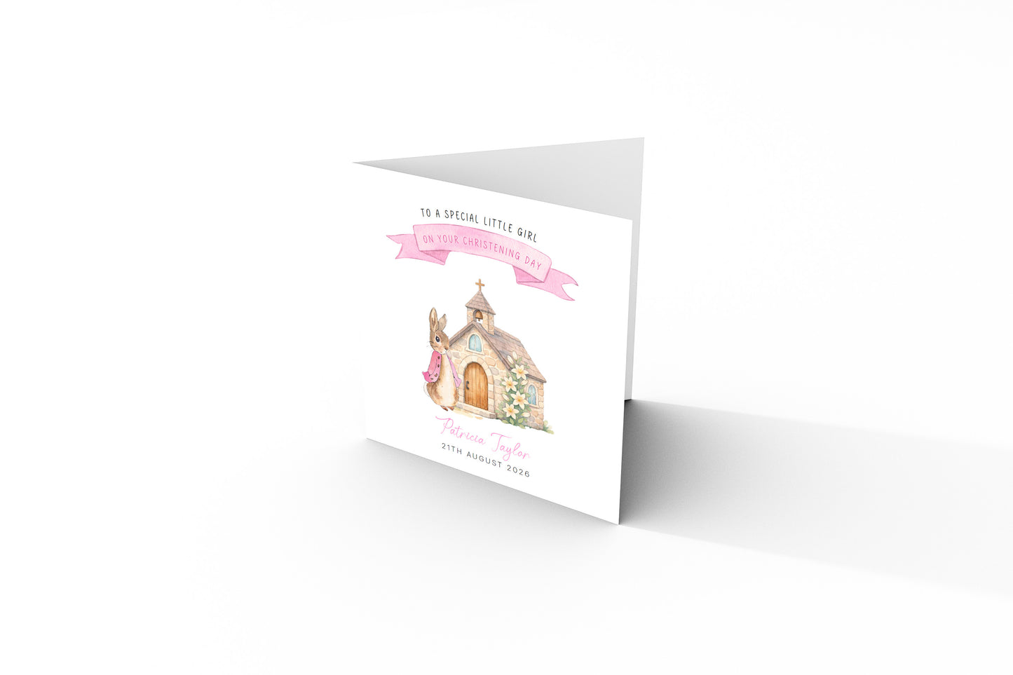 Personalised Christening Card for Girl – Custom Baptism Card with Message, Name & Date - Cute Bunny & Church Design – Baptism Card for Girls, Daughter, Granddaughter, Niece with Pink Envelope