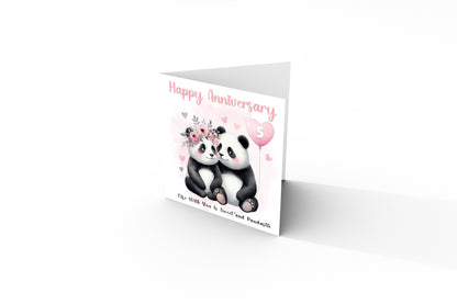 Personalised Panda Couple Anniversary Card - Custom Anniversary Years for Wedding, Dating, Relationship Milestones 1st, 2nd, 20th - For Him, Her, Wife, Husband, Couples - Pink Envelope Included