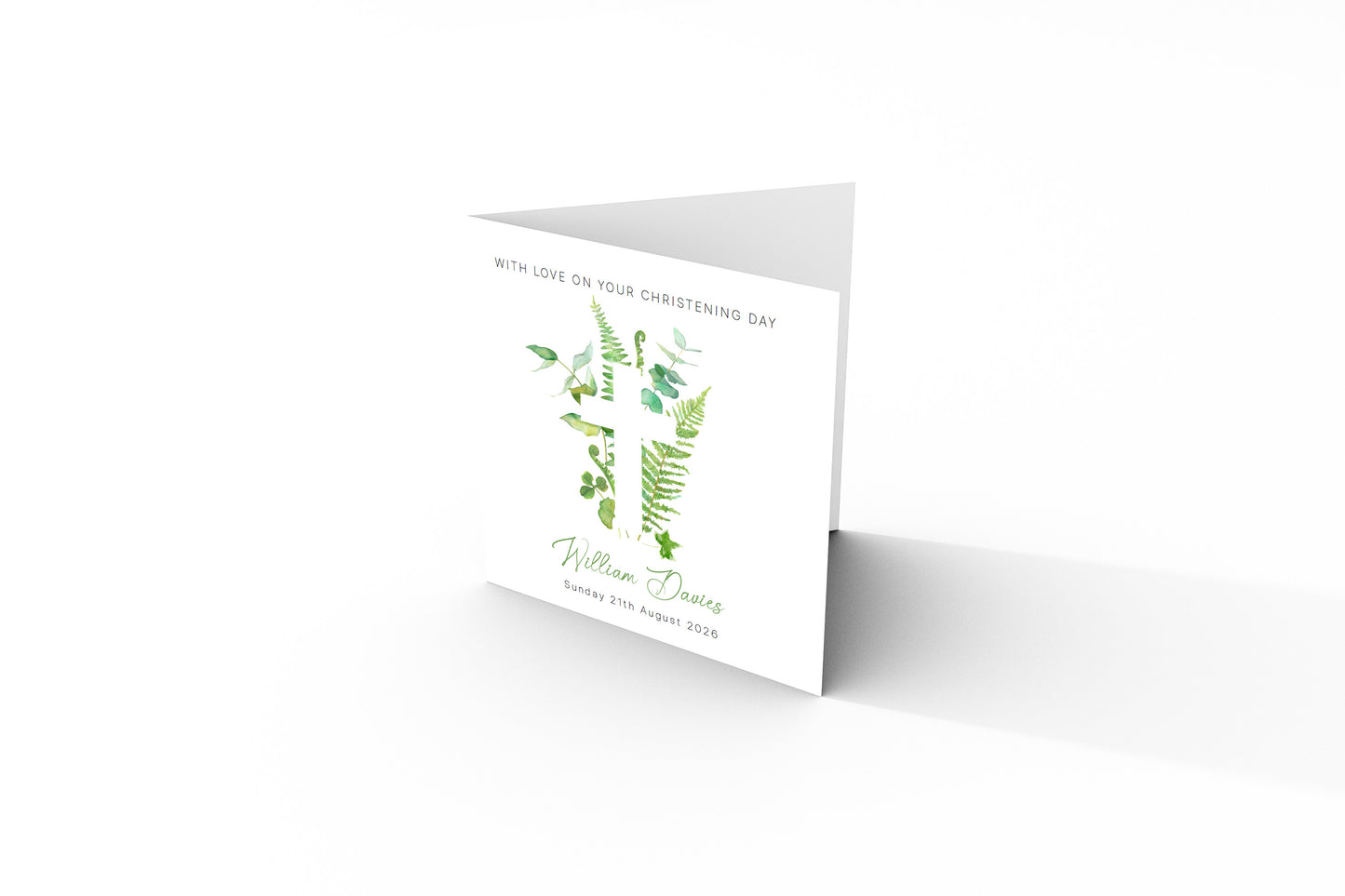 Personalised Christening Card for Boys or Girls – Green Botanical Cross Design with Custom Name and Date - Baptism Card for Son, Daughter, Grandson, Granddaughter, Nephew, Niece with Green Envelope