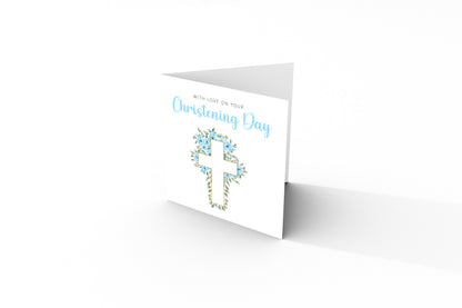 Baptism/ Christening Card for Boy – With Love On Your Christening Day - Roses & Cross Design – Religious Baptism Card for Boys, Son, Grandson, Nephew - Blue Envelope Included