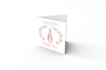 Personalised Christening Card for Girl – Custom Baptism Card with Message, Name & Date - Floral Wreath Bunny Design – Baptism Card for Girls, Daughter, Granddaughter, Niece with Pink Envelope