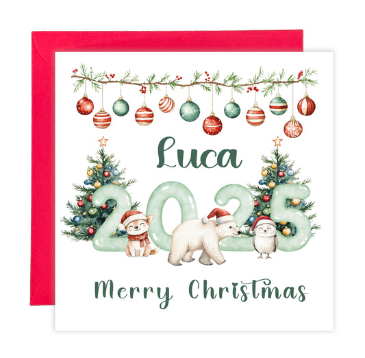 Personalised 2025 Christmas Card for Kids - Customised Name & Animals Design – 2025 Xmas Card for Niece, Nephew, 2nd, 3rd,1st Xmas Card for Baby Boy, Baby Girl, Grandkids,Friend- Red Envelope Included
