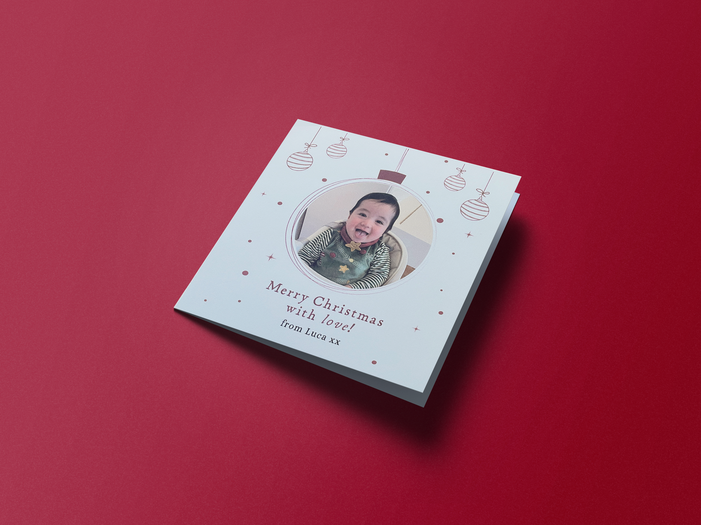 Personalised Photo Christmas Card – Christmas Baubles Design Merry Xmas Card with Customised Photo & Message - from Family, Children, Pet and Loved Ones - Red Envelope Included